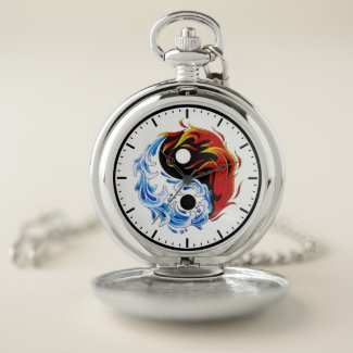 Cool cartoon tattoo symbol water fire Yin Yang art Pocket Watch