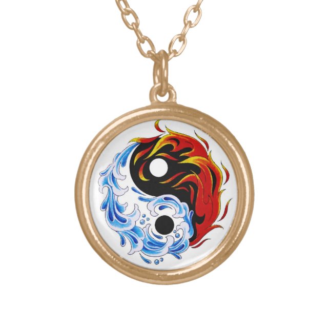 Cool cartoon tattoo symbol water fire Yin Yang Gold Plated Necklace (Front)