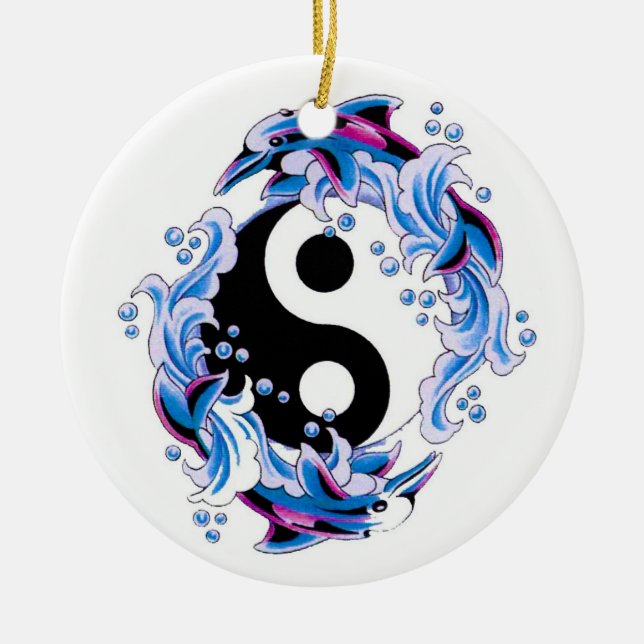 Cool cartoon tattoo symbol Yin Yang Dolphins Ceramic Ornament (Front)
