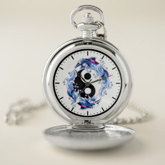 Cool cartoon tattoo symbol Yin Yang Dolphins Pocket Watch