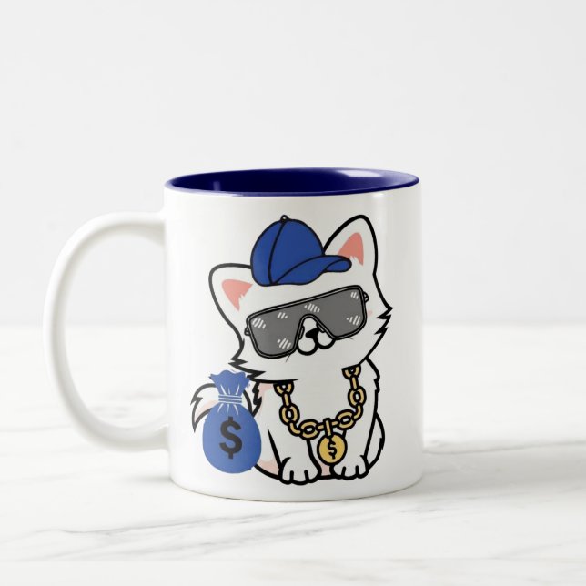 Cool Cash Cat Cartoon Two-Tone Coffee Mug (Left)
