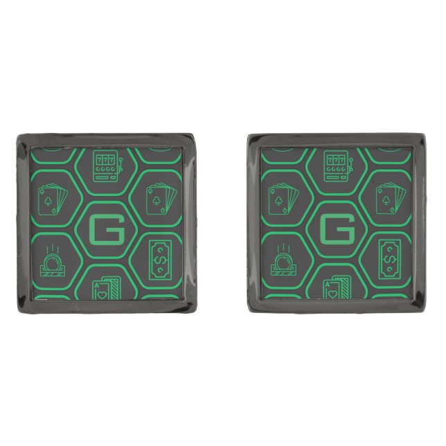 Cool Casino Icons Grid Pattern Monogram Cufflinks (Front)