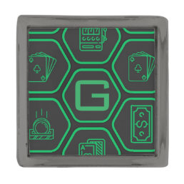 Cool Casino Icons Grid Pattern Monogram Gunmetal Finish Lapel Pin