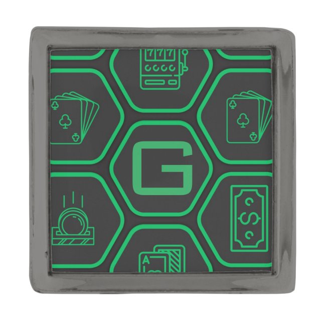 Cool Casino Icons Grid Pattern Monogram Gunmetal Finish Lapel Pin (Front)