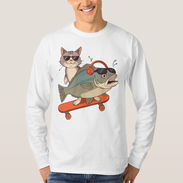 Cool Cat and Carp on Skateboard T-Shirt (Front)