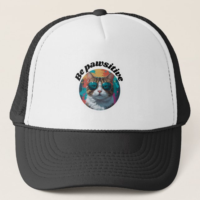 Cool Cat "Be Pawsitive" Motivational Sticker Trucker Hat (Front)