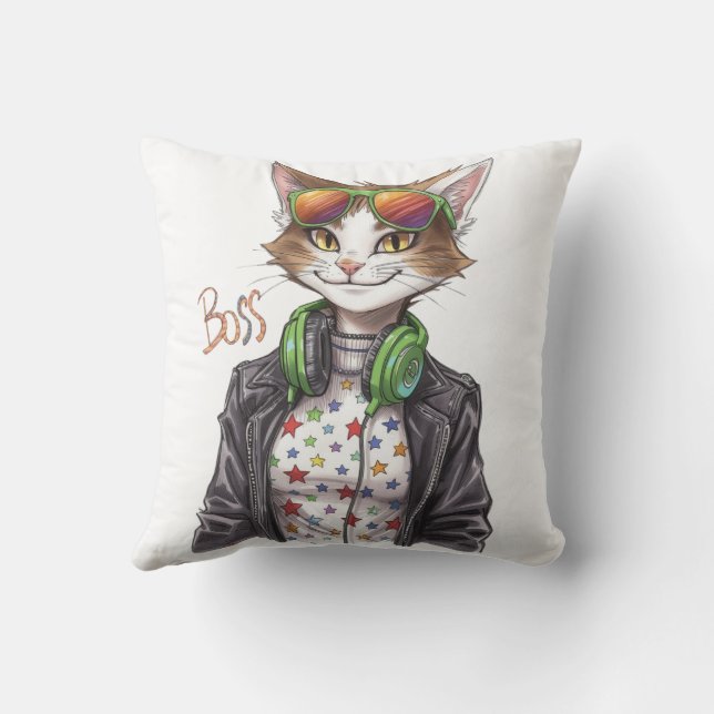 Cool Cat Boss – Funny Cat Lover Gift Idea Throw Pillow (Back)