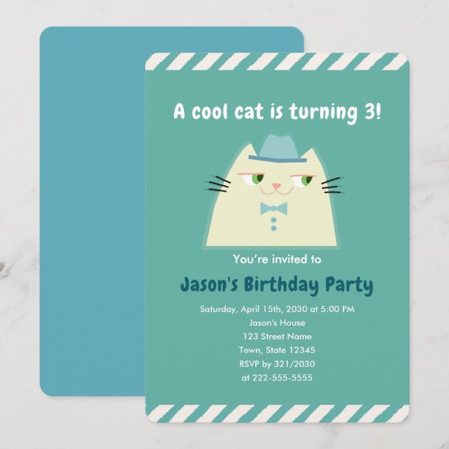 Cool Cat Boys Birthday Party Invitation (Front/Back)