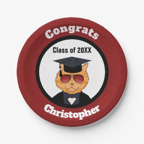 Cool Cat Cartoon Graduation Party Monogram Name Paper Plates