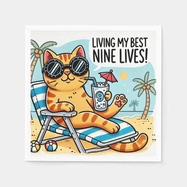 Cool Cat Chilling on the Beach – Funny Cartoon  Napkins (Front)