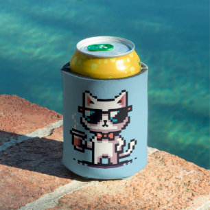 Cool Cat Coffee Break: 8-Bit Pixel Art Can Cooler