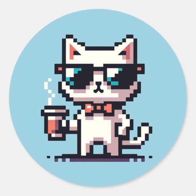 Cool Cat Coffee Break: 8-Bit Pixel Art Classic Round Sticker (Front)