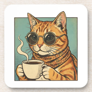 Cool Cat Coffee Retro Style Design for Cat Lovers Beverage Coaster