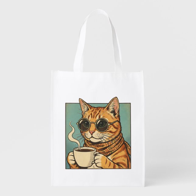 Cool Cat Coffee Retro Style Design for Cat Lovers Grocery Bag (Front)
