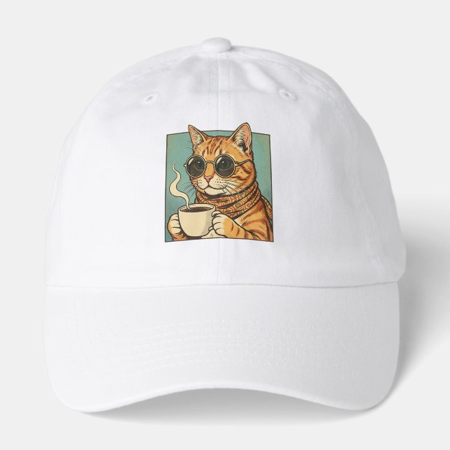 Cool Cat Coffee Retro Style Design for Cat Lovers Hat (Front)