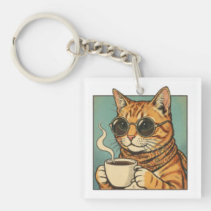 Cool Cat Coffee Retro Style Design for Cat Lovers Keychain
