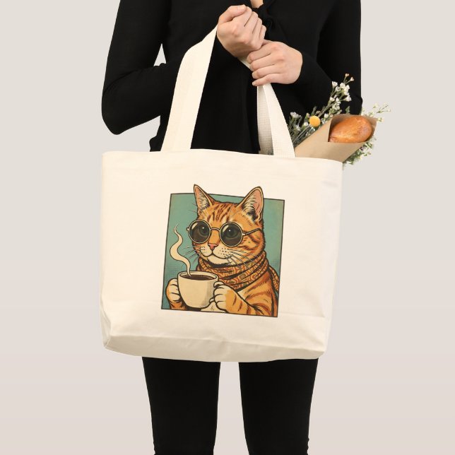 Cool Cat Coffee Retro Style Design for Cat Lovers Large Tote Bag (Front (Product))
