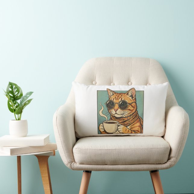 Cool Cat Coffee Retro Style Design for Cat Lovers Lumbar Pillow (Chair)