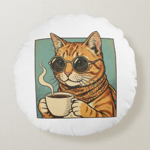 Cool Cat Coffee Retro Style Design for Cat Lovers Round Pillow
