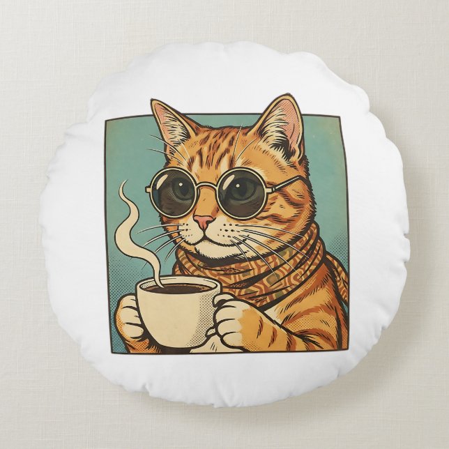 Cool Cat Coffee Retro Style Design for Cat Lovers Round Pillow (Front)