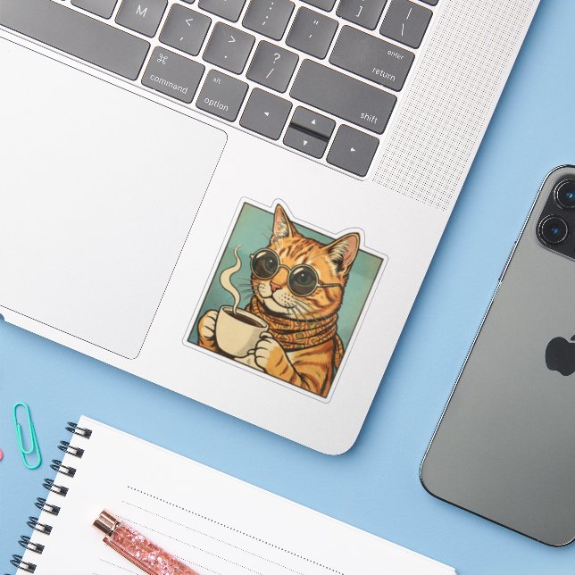 Cool Cat Coffee Retro Style Design for Cat Lovers Sticker (Laptop w/ iPhone)