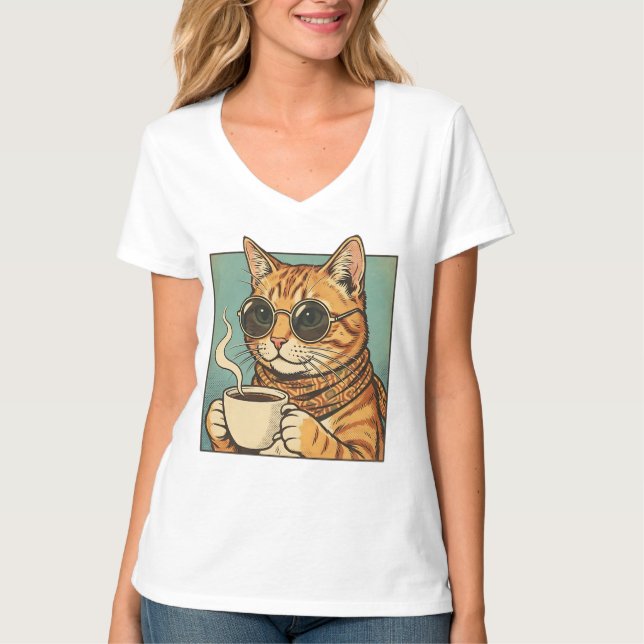 Cool Cat Coffee Retro Style Design for Cat Lovers T-Shirt (Front)
