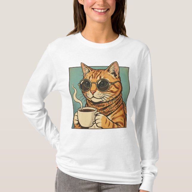 Cool Cat Coffee Retro Style Design for Cat Lovers T-Shirt (Front)
