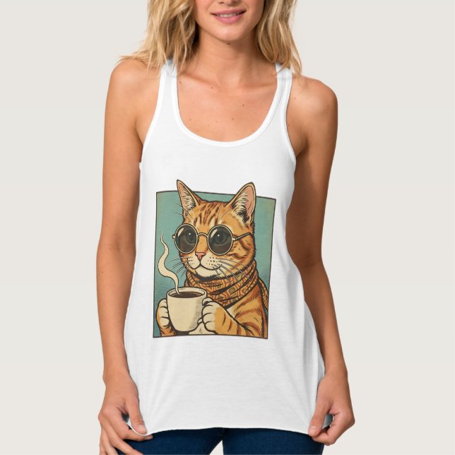Cool Cat Coffee Retro Style Design for Cat Lovers Tank Top (Front)
