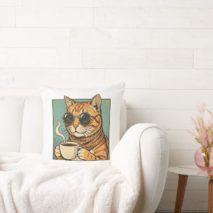 Cool Cat Coffee Retro Style Design for Cat Lovers Throw Pillow