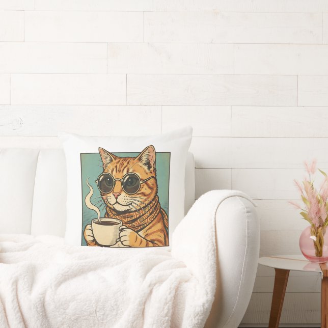 Cool Cat Coffee Retro Style Design for Cat Lovers Throw Pillow (Couch)