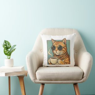 Cool Cat Coffee Retro Style Design for Cat Lovers Throw Pillow