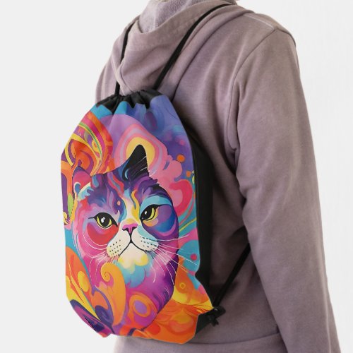 Cool Cat Colorful Paisley Retro Vibe Drawstring Bag