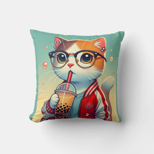 Cool Cat drinking boba  Throw Pillow (Front)