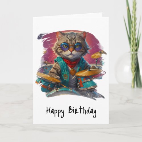 *~* Cool Cat DRUMMER AP91 Hip Birthday Card