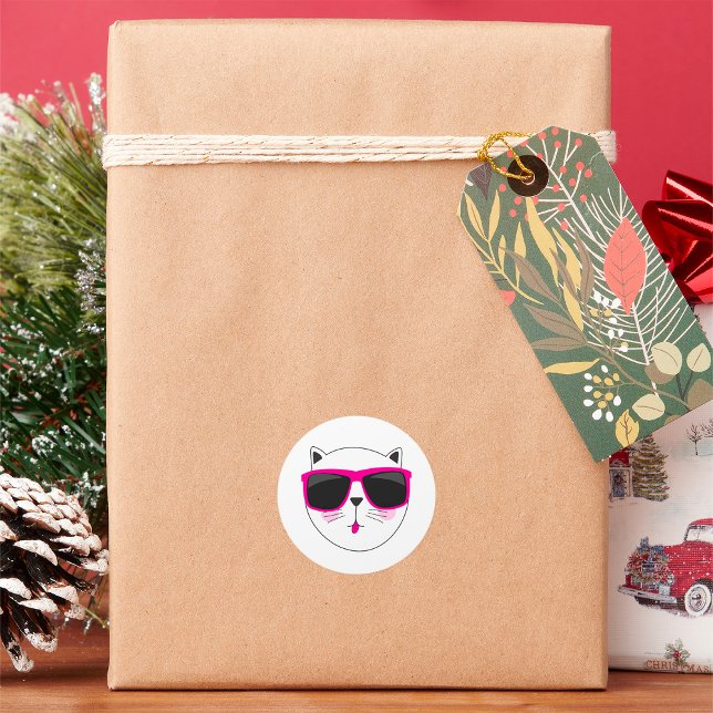 Cool Cat Face with Pink Sunglasses Cute Kitty  Classic Round Sticker (Creator Uploaded)