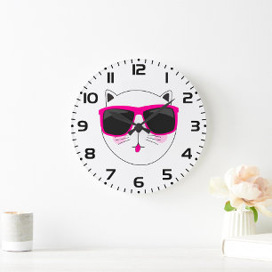 Cool Cat Face with Pink Sunglasses Cute Kitty Large Clock