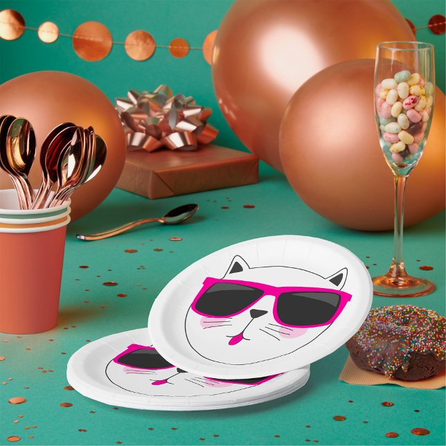 Cool Cat Face with Pink Sunglasses Cute Kitty  Paper Plates (Creator Uploaded)