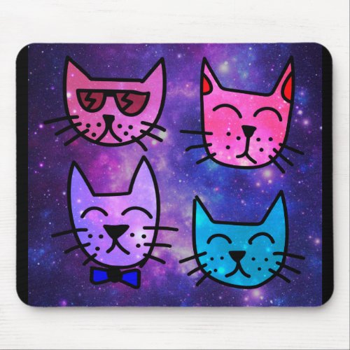 Cool Cat Faces on a Space Background Mouse Pad