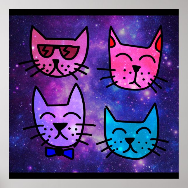 Cool Cat Faces on a Space Background Poster (Front)
