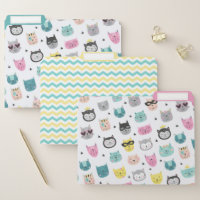 Cool Cat Faces Teal Yellow Chevron Pattern