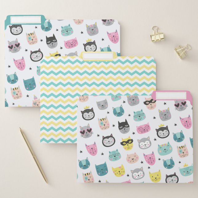 Cool Cat Faces Teal Yellow Chevron Pattern File Folder (Set)