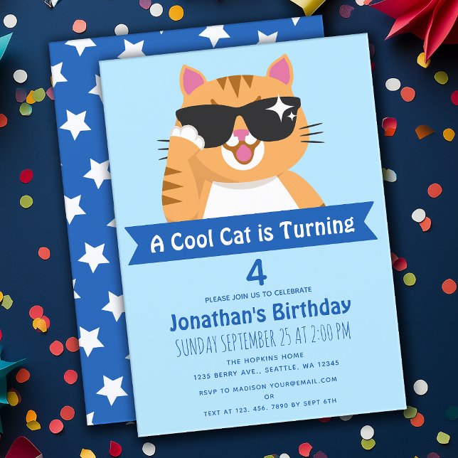 Cool Cat Funny Cute Child's Birthday Invitation (Creator Uploaded)