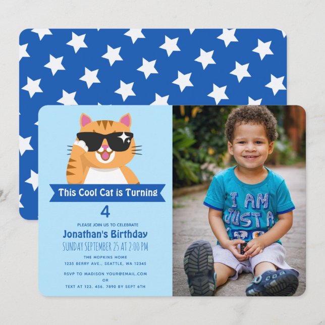 Cool Cat Funny Cute Child's Birthday Photo Invitation (Front/Back)