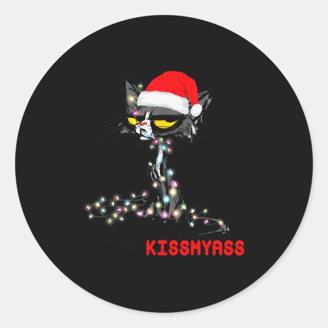 Cool Cat Hat Merry Kiss My Christmas  Classic Round Sticker (Front)