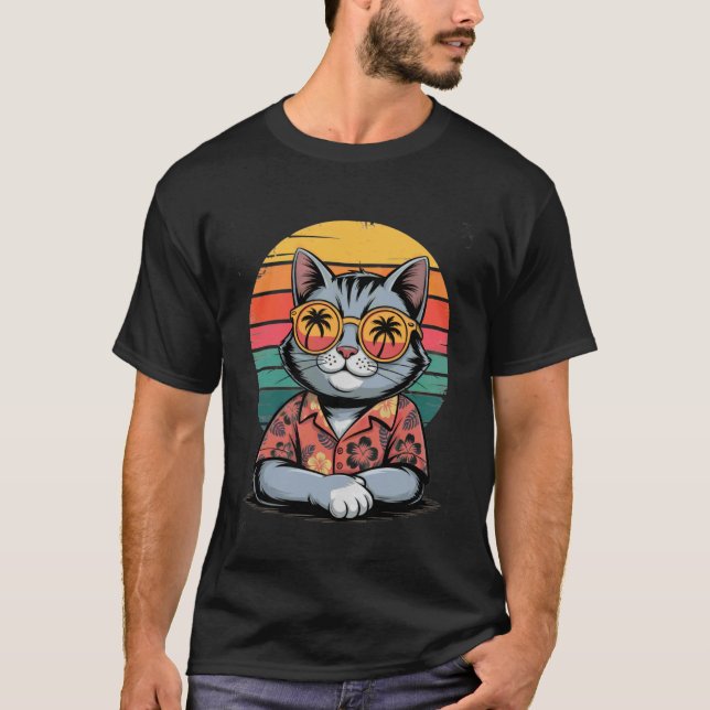 Cool Cat Hawaiian Shirt Retro Sunset Funny Summer  (Front)