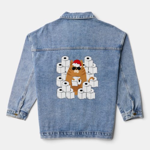 Cool Cat In Santa S Hat With Toilet Papers Graphic Denim Jacket