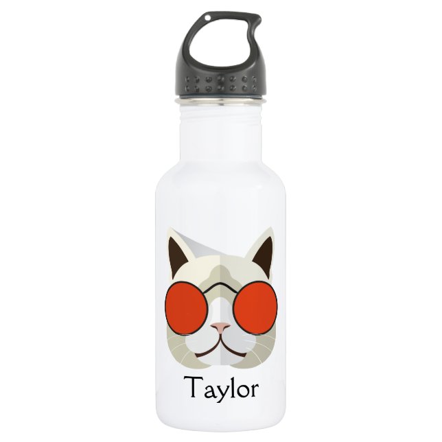 Cool Cat in Sunglasses Monogrammed Stainless Steel Water Bottle (Front)