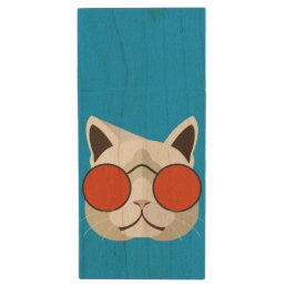Cool Cat in Sunglasses Wood USB Flash Drive