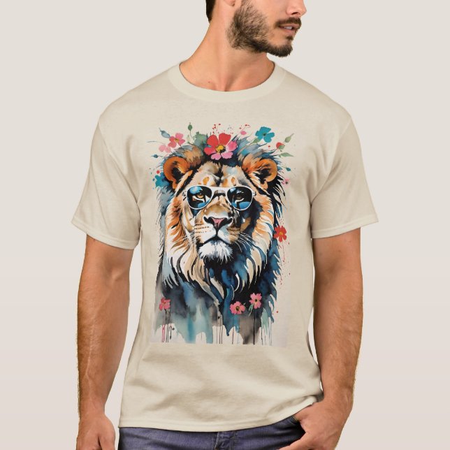 Cool Cat Lion Wearing Sunglasses with Flowers T-Shirt (Front)