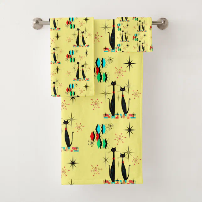 Cool Cat Mid Century Modern Atomic Era  Bath Towel Set (Insitu)